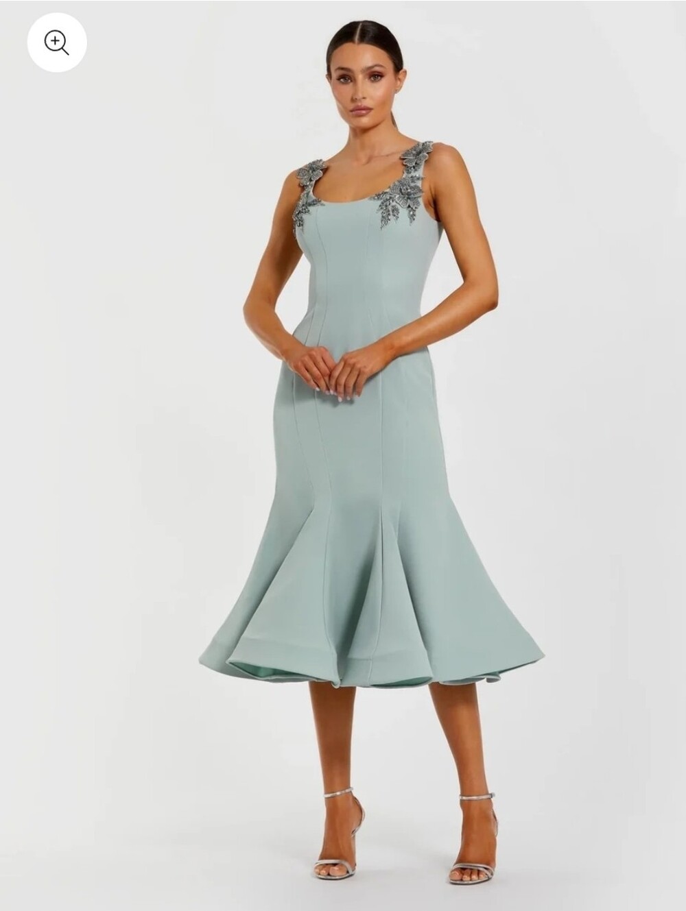 Mac DuggalGreen Sleeveless Midi Dress With Floral Embellishments size 8